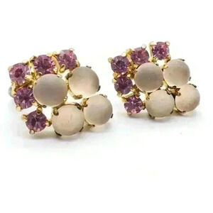 Vintage Earrings Pink Moonstone & Pink Rhinestone 1960s Clip On